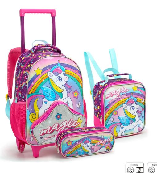 Imagem de Kit Mochila Escolar Rodinda + Lancheira+ Estojo Unicornio Infantil Menina