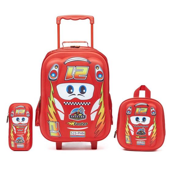 Imagem de Kit Mochila Escolar Rodinha Carros Reforçada 3D Alto Relevo Resistente 