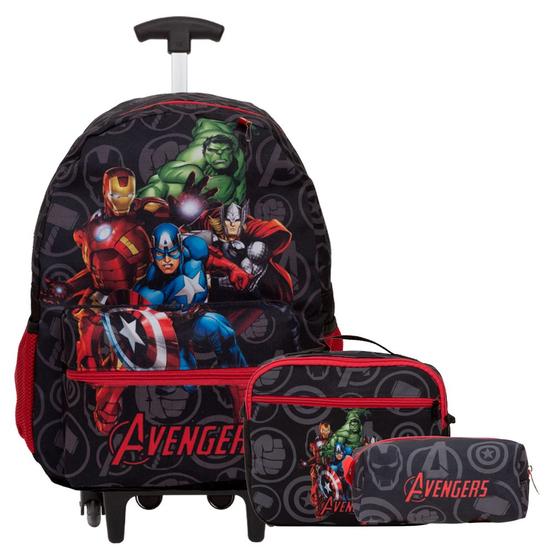 Imagem de Kit Mochila Escolar Rodinha Estampa Vingadores Preta 3 Peças