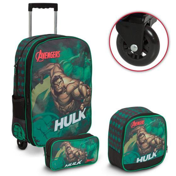 Imagem de Kit Mochila Escolar Rodinha Hulk Lancheira Estojo Tam G