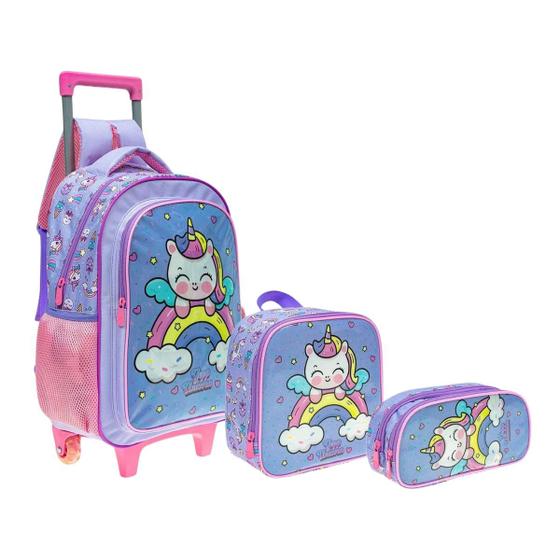 Imagem de Kit Mochila Escolar Rodinha Infantil Unicórnio Menina Arco Iris