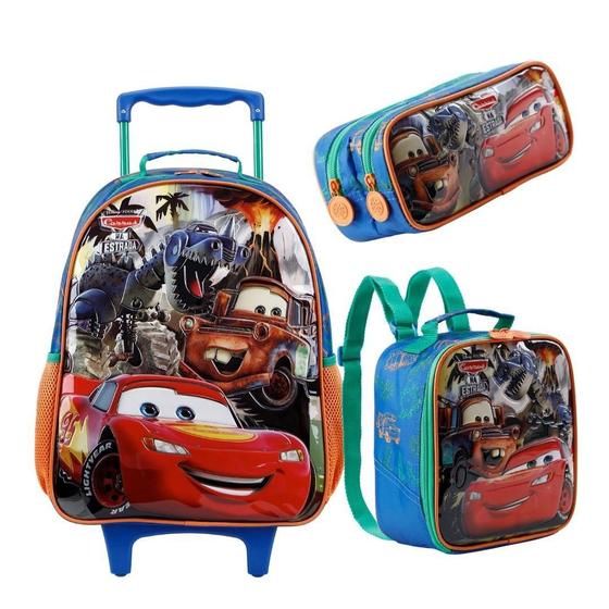 Imagem de Kit Mochila Escolar Rodinha+Lancheira+Estojo Carros Mcqueen