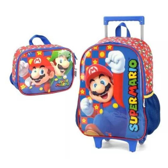 Imagem de Kit Mochila Escolar Rodinha Lancheira Super Mario Original