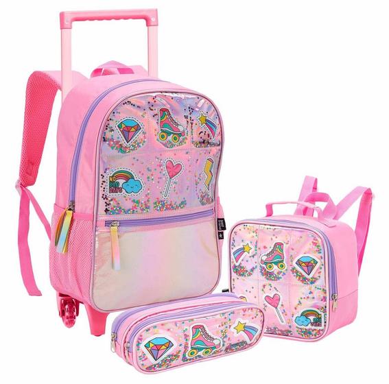 Kit Mochila Escolar Rodinhas Feminina Menina Infantil Juvenil Holográfico Rosa Lilás Glitter Brilho Lancheira Térmica Estojo Duplo Impermeável Menor preço em Kit Mochila Escolar Rodinhas Feminina Menina Infantil Juvenil Holográfico Rosa Lilás Glitter Brilho Lancheira Térmica Estojo Duplo Impermeável