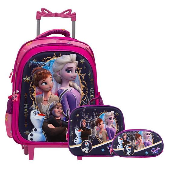 Imagem de Kit Mochila Escolar Rodinhas Frozen 3D Com Lancheira Rosa