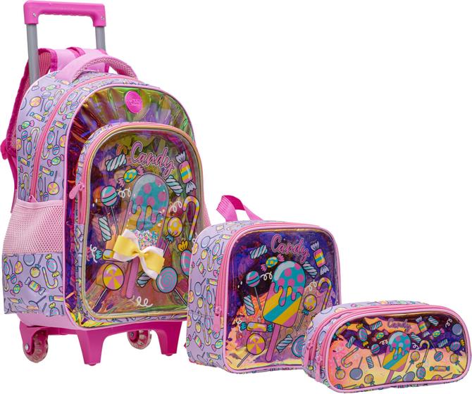 Imagem de Kit Mochila Escolar Rodinhas Infantil Meninas Picolé Candy Grande