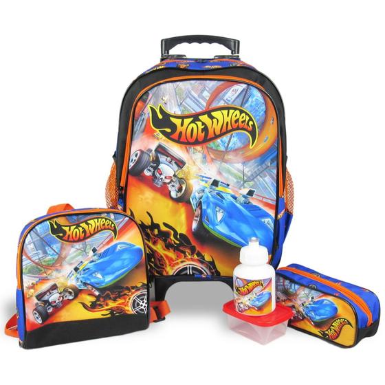 Kit Mochila Escolar Rodinhas, Lancheira e estojo Hot Wheels Menor preço em Kit Mochila Escolar Rodinhas, Lancheira e estojo Hot Wheels