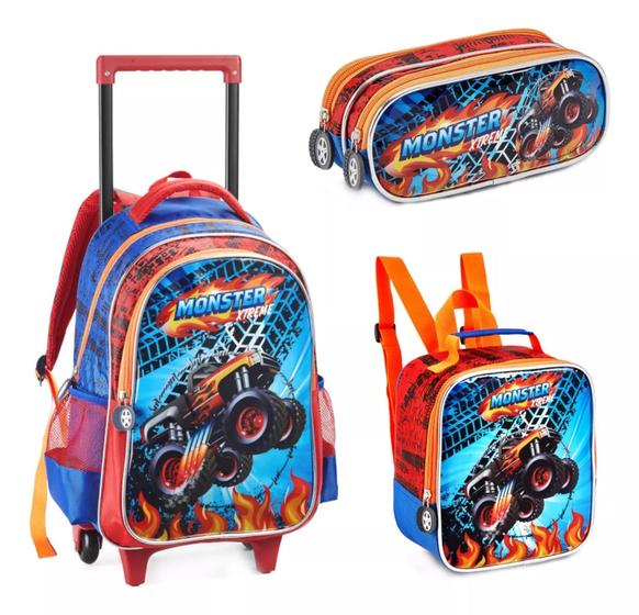 Imagem de Kit Mochila Escolar Rodinhas Lancheira Estojo Carro Monster Cor Azul