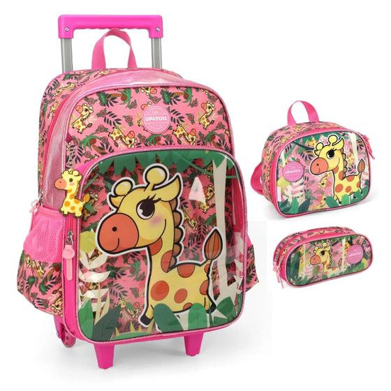 Imagem de Kit Mochila Escolar SAFARI GIRAFA com lancheira e porta lápis ROSA - UP4YOU