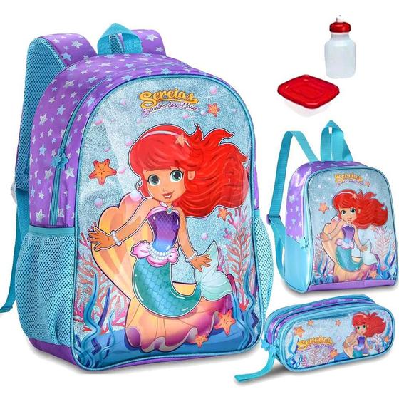 Imagem de Kit Mochila Escolar Sereia Encanto Infantil Costas Alças G