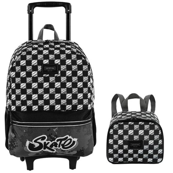 Imagem de Kit Mochila Escolar Skate Plus Rodinhas Preta Tam G Infantil Lancheira Térmica