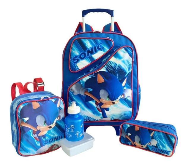 Kit Mochila Escolar Sonic Rodinhas 2 Bolsos Tam G F5 Meninos Menor preço em Kit Mochila Escolar Sonic Rodinhas 2 Bolsos Tam G F5 Meninos