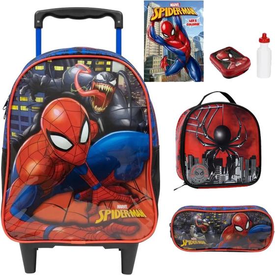 Imagem de Kit Mochila Escolar Spiderman Rodinhas Homem Aranha Infantil Tam G Lancheira Estojo Duplo