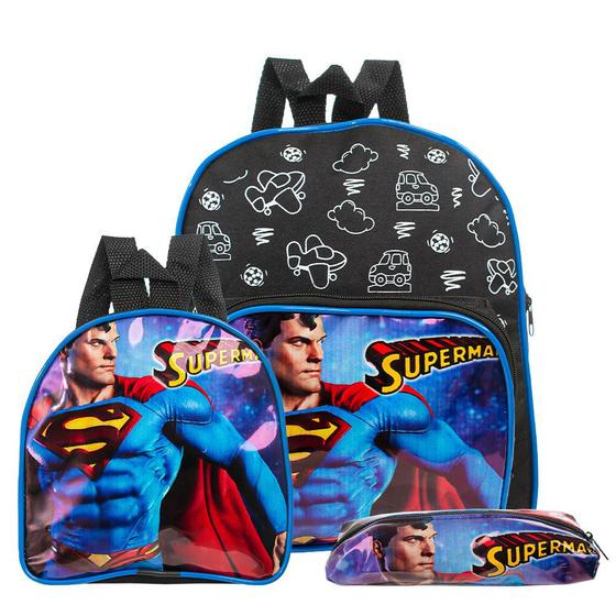 Imagem de Kit Mochila Escolar Super Homem Herois Meninos Costas