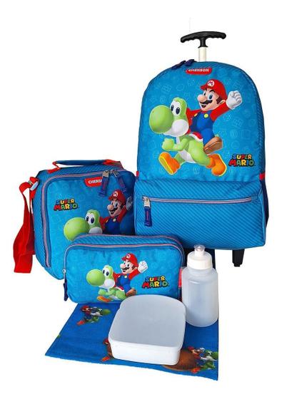 Imagem de Kit Mochila Escolar Super Mario Yoshi Grande Aula Rodinhas