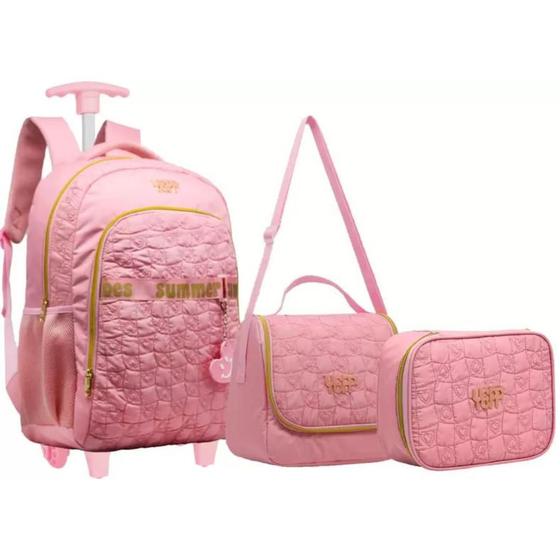 Kit Mochila Escolar Trolley Rodinha Juvenil G Rosa Summer Menor preço em Kit Mochila Escolar Trolley Rodinha Juvenil G Rosa Summer