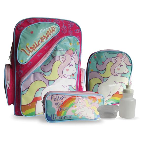 Imagem de Kit Mochila Escolar Unicornio Fantasi Costas Com Lancheira E Estojo