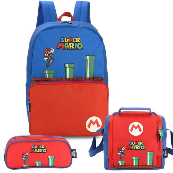 Kit Mochila Estojo E Lancheira Bolsa Escolar Super Mario Menor preço em Kit Mochila Estojo E Lancheira Bolsa Escolar Super Mario