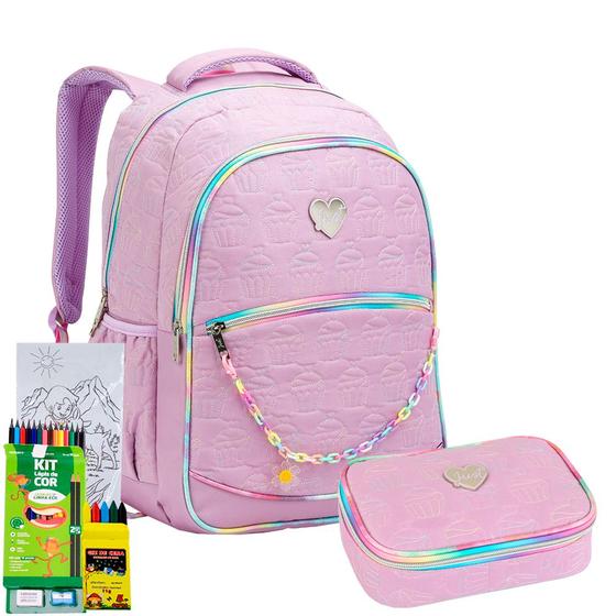 Imagem de Kit Mochila Estojo Just Meninas Juvenil Matelassê Cupcake