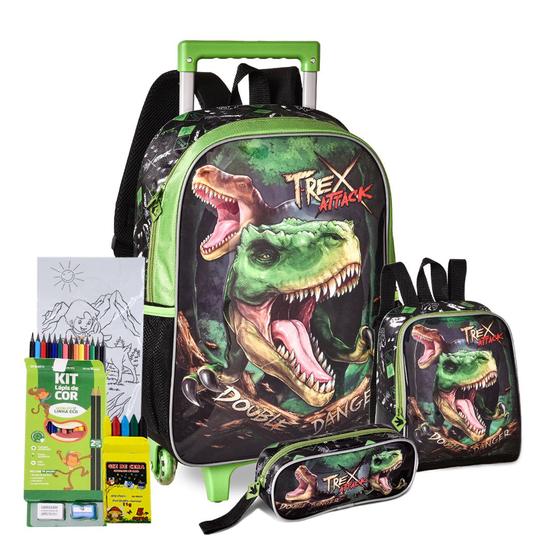 Imagem de Kit Mochila Estojo Lancheira Dinossauro T-rex Attack Meninos