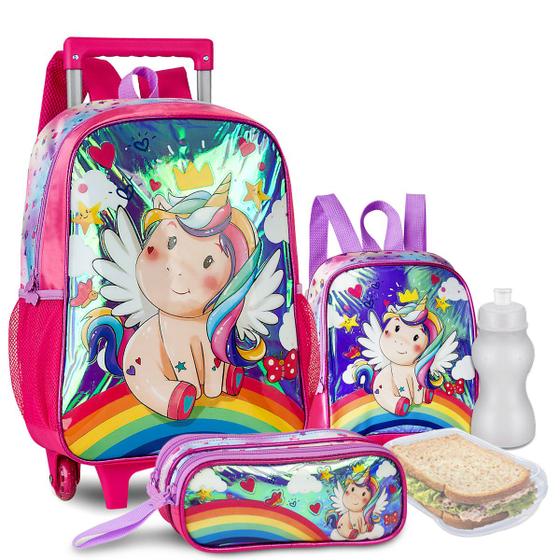 Imagem de Kit Mochila Estojo Lancheira Infantil Unicórnio Rodinhas Menina Escolar