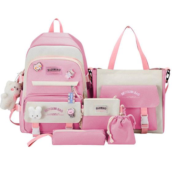 Imagem de Kit Mochila Feminina Escolar 5 Peças Bolsa Espaçosa Mini Sacola Bolsinha Estojo Material Resistente Alta Qualidade Luxo