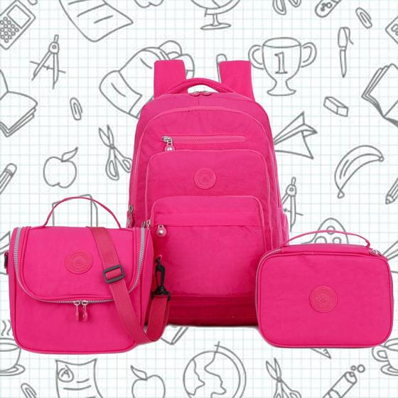 Imagem de Kit Mochila Feminina Escolar Leve Resistente Linda + Lancheira Térmica + Estojo Quadrado Moda