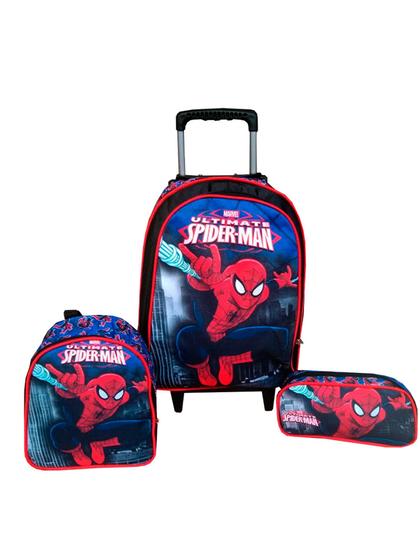 Imagem de Kit Mochila Homem Aranha Escolar Infantil com Rodinhas + Lancheira Térmica + Estojo Escolar