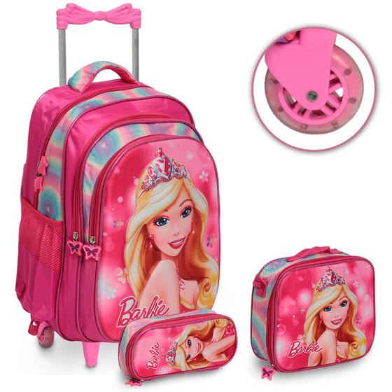 Imagem de Kit Mochila Infantil Barbie 3d Rodinha Juvenil Resistente