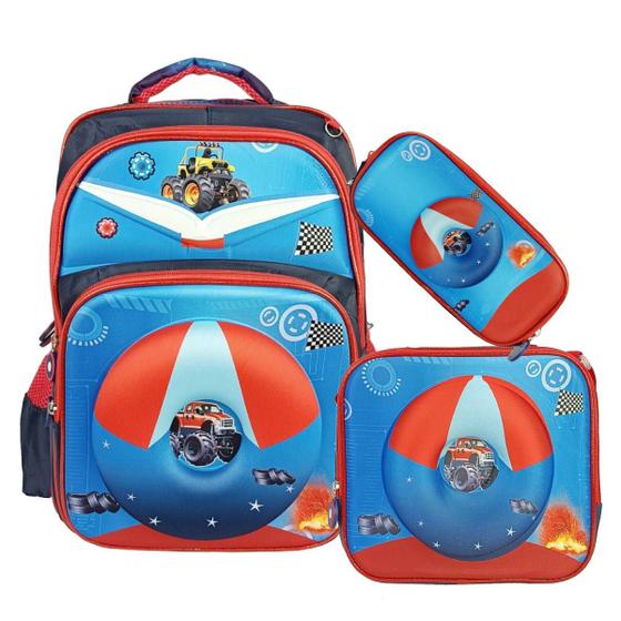 Imagem de Kit Mochila Infantil Bolsa Escolar + Lancheira Térmica Estojo Colorido Desenho Alto Relevo