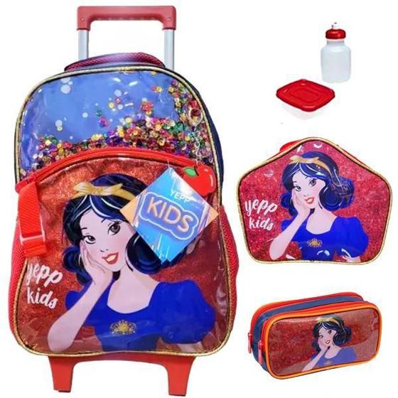 Imagem de Kit Mochila Infantil Branca De Neve Rodinha Escolar Tam G