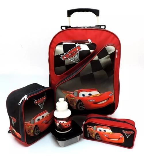 Imagem de Kit Mochila Infantil Carros Mcqueen 2 Bolsos Rodinhas G F5