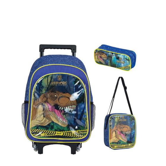 Imagem de Kit Mochila Infantil com Carrinho Dinossauro Raptor - Azul