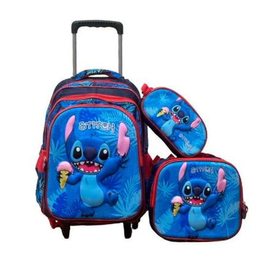 Imagem de Kit Mochila Infantil com Rodinhas + Lancheira Térmica + Estojo Escolar Stitch