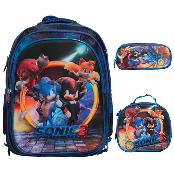 Imagem de Kit Mochila Infantil Costas Sonic 3D Lancheira Estojo