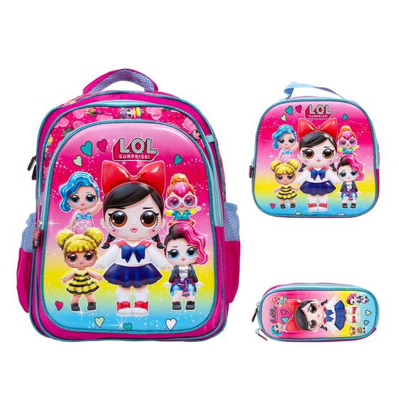 Imagem de Kit Mochila Infantil De Costas LOL 3D Resistente Cor Rosa