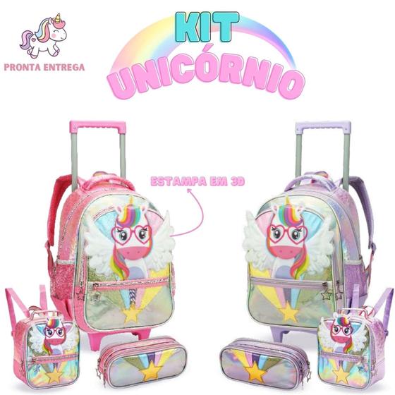 Imagem de Kit Mochila Infantil de Unicórnio Fofo Com Carrinho Estojo + Lancheira Linda - Denlex