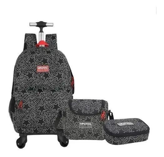 Kit Mochila Infantil Escolar 4 Rodinha 360º Estrela Estampada Grande Preto Menor preço em Kit Mochila Infantil Escolar 4 Rodinha 360º Estrela Estampada Grande Preto