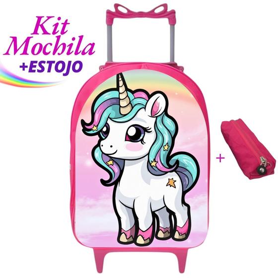 Imagem de Kit Mochila Infantil Escolar Carrinho + Estojo Unicórnio Baby Prática Resistente Volta às Aulas
