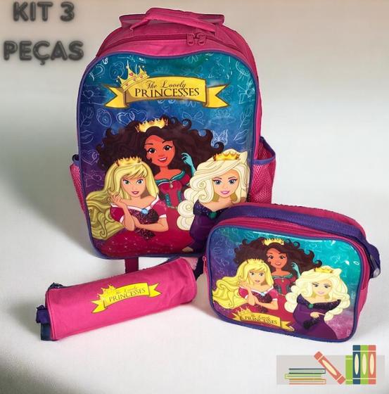 Imagem de Kit Mochila Infantil Escolar com 3 peças Princesas Rosa/Roxo - Sortido