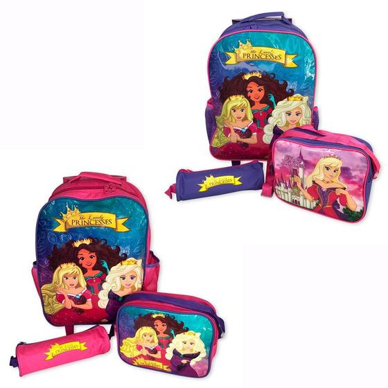 Imagem de Kit Mochila Infantil Escolar com 3 peças Princesas Rosa/Roxo - Sortido