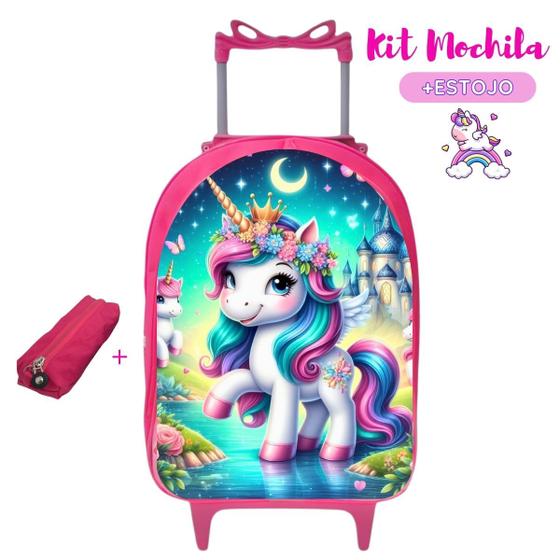 Imagem de Kit Mochila Infantil Escolar com Carrinho  Estojo Linda Unicórnio Magic Prática Resistente Volta às Aulas