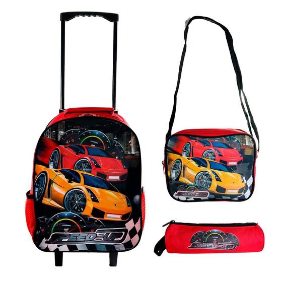 Imagem de Kit Mochila Infantil Escolar com Rodinha Lancheira Tèrmica e Estojo 3 peças Carrinho Vermelho