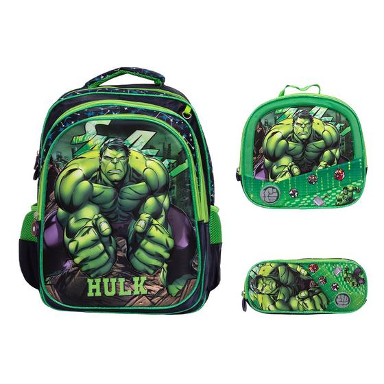 Imagem de Kit Mochila Infantil Escolar Incrível Hulk Marvel Verde 3D