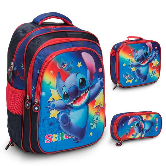 Imagem de Kit Mochila Infantil Escolar Masculina Stitch 3D Lancheira