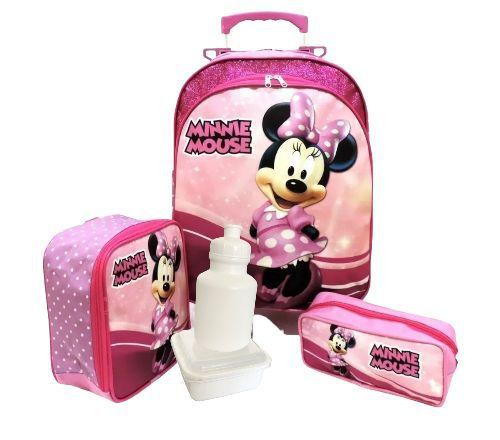 Imagem de Kit Mochila Infantil Escolar Minnie Glitter Rodinhas M F5