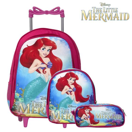 Imagem de Kit Mochila Infantil Escolar Pequena Sereia Ariel C Rodinha