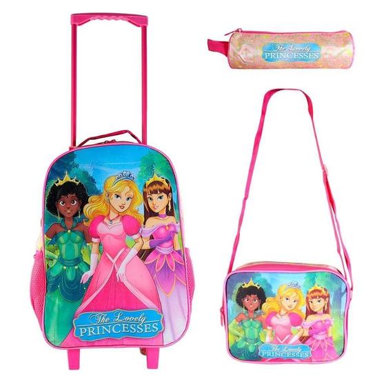 Imagem de Kit Mochila Infantil Escolar Princesas 3 Peças Diversão