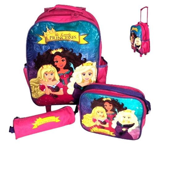 Imagem de Kit Mochila Infantil Escolar Rodinhas Com 3 Peças Princesas