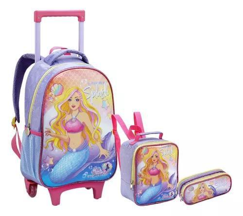 Imagem de Kit Mochila Infantil Escolar Sereia Do Mar Rodinhas Tam G